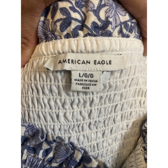 American Eagle Strapless Floral Mini Dress Cotton Linen Blend Womens Large Blue - Picture 6 of 6